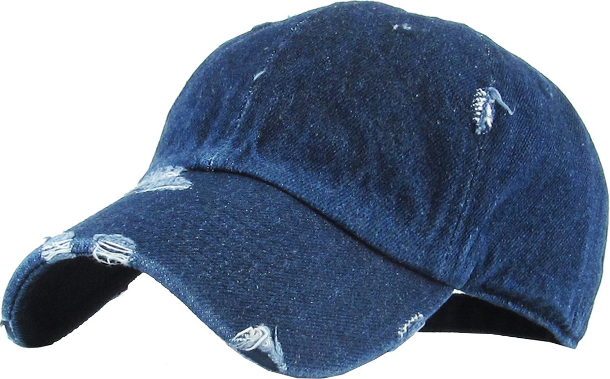 Dark Denim Distressed Vintage Baseball Cap Front Side View